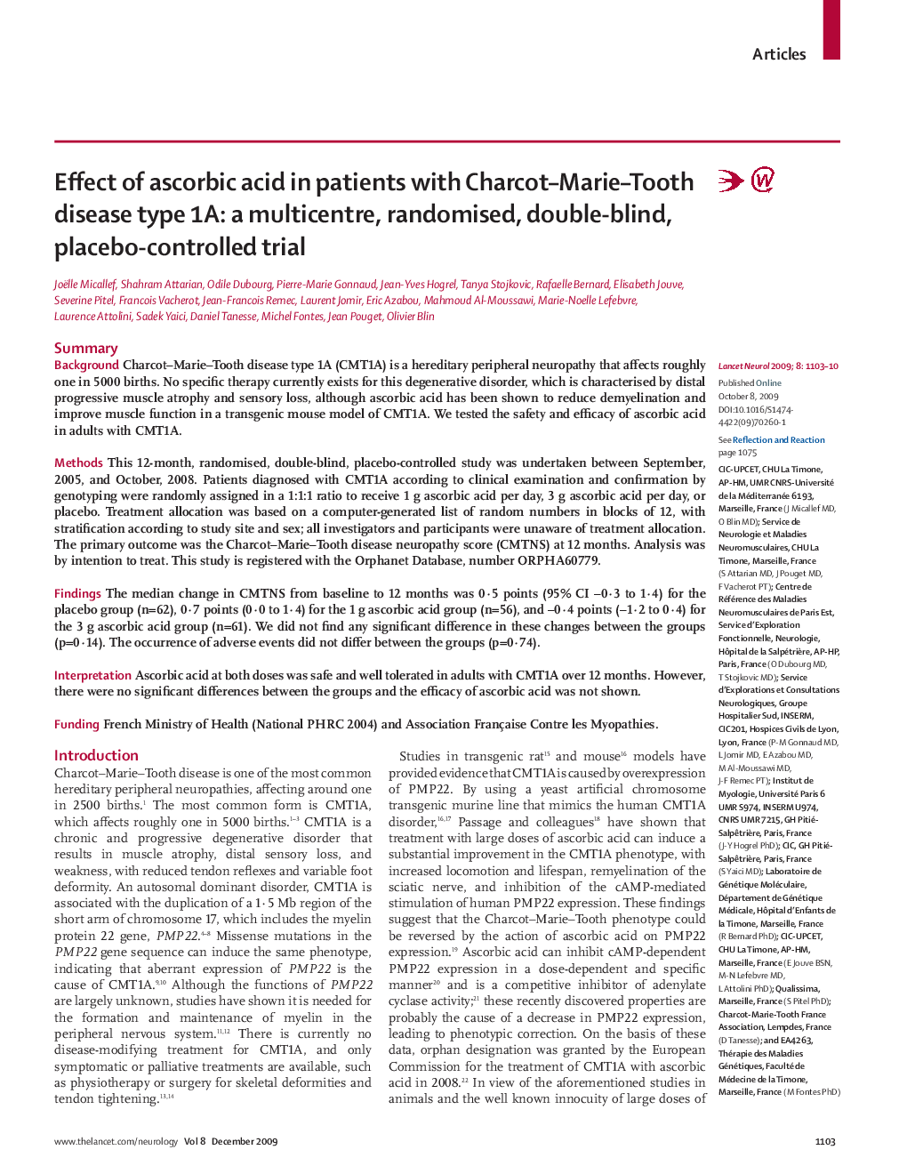 Effect of ascorbic acid in patients with Charcot–Marie–Tooth disease type 1A: a multicentre, randomised, double-blind, placebo-controlled trial