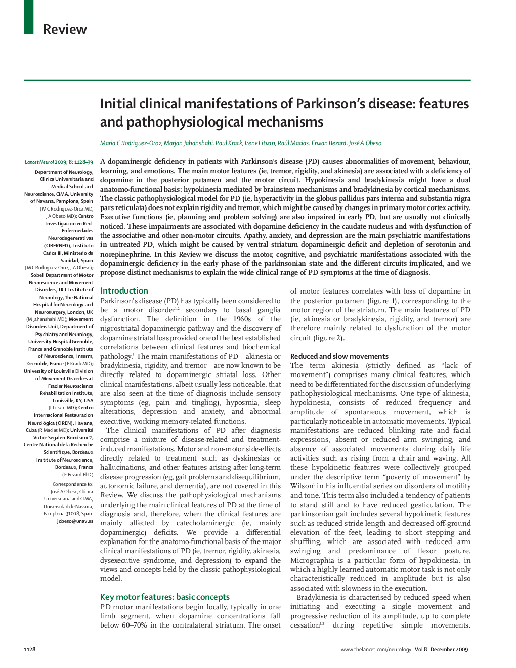 Initial clinical manifestations of Parkinson's disease: features and pathophysiological mechanisms