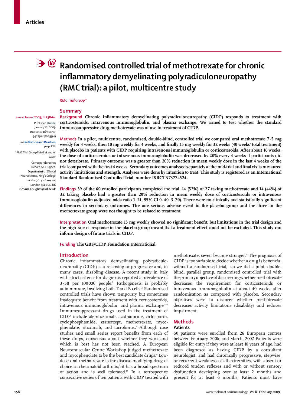 Randomised controlled trial of methotrexate for chronic inflammatory demyelinating polyradiculoneuropathy (RMC trial): a pilot, multicentre study