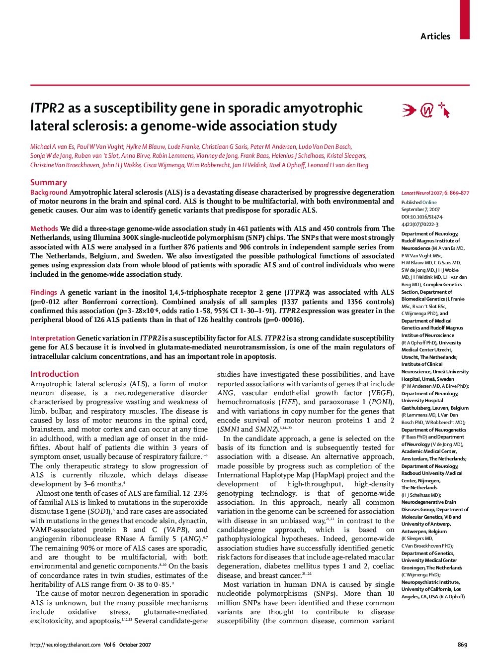 ITPR2 as a susceptibility gene in sporadic amyotrophic lateral sclerosis: a genome-wide association study