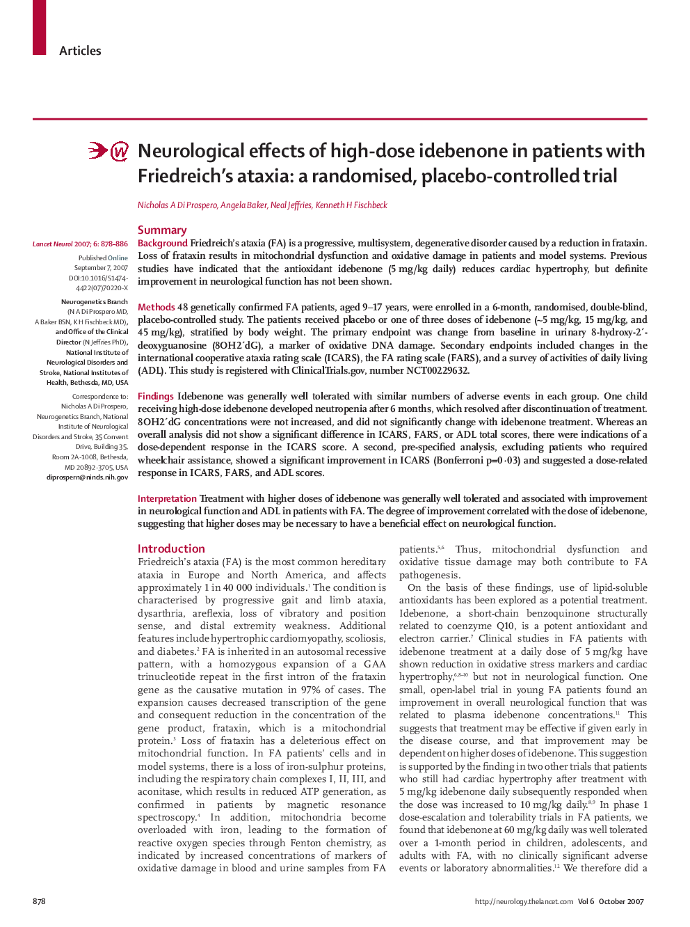 Neurological effects of high-dose idebenone in patients with Friedreich's ataxia: a randomised, placebo-controlled trial