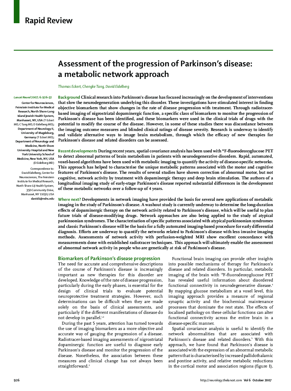 Assessment of the progression of Parkinson's disease: a metabolic network approach