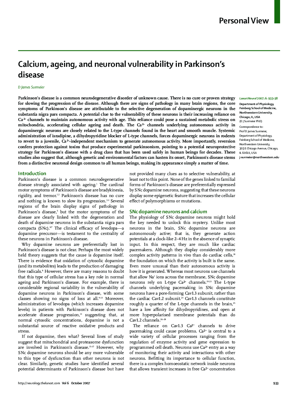 Calcium, ageing, and neuronal vulnerability in Parkinson's disease