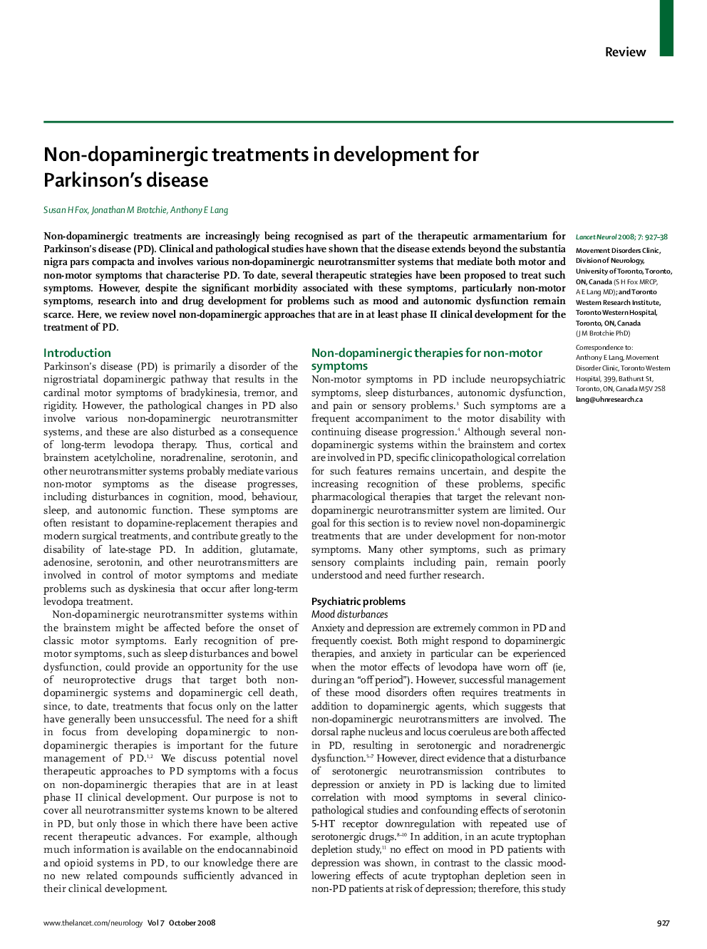 Non-dopaminergic treatments in development for Parkinson's disease