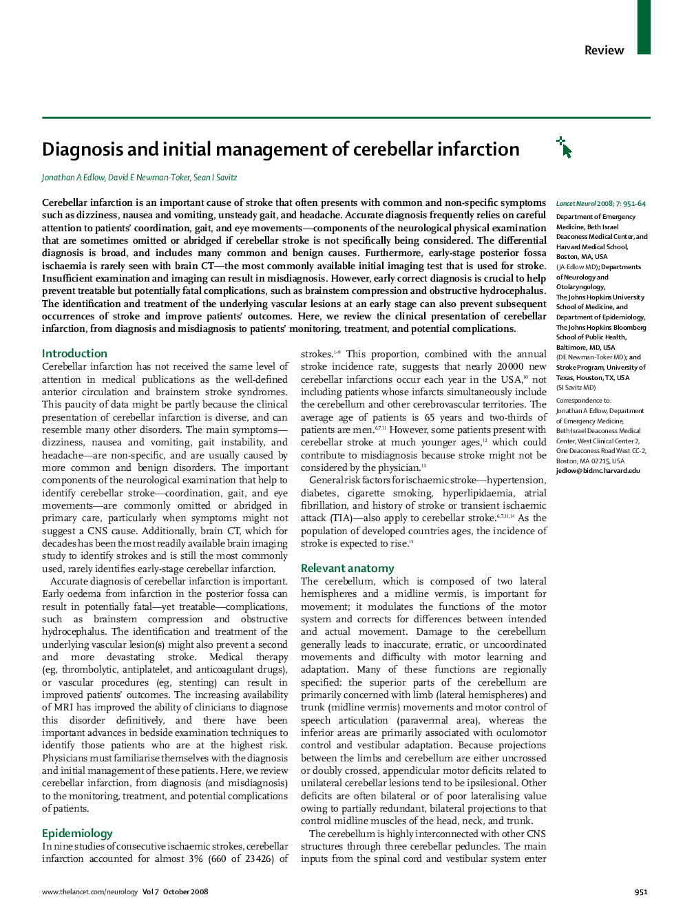 Diagnosis and initial management of cerebellar infarction