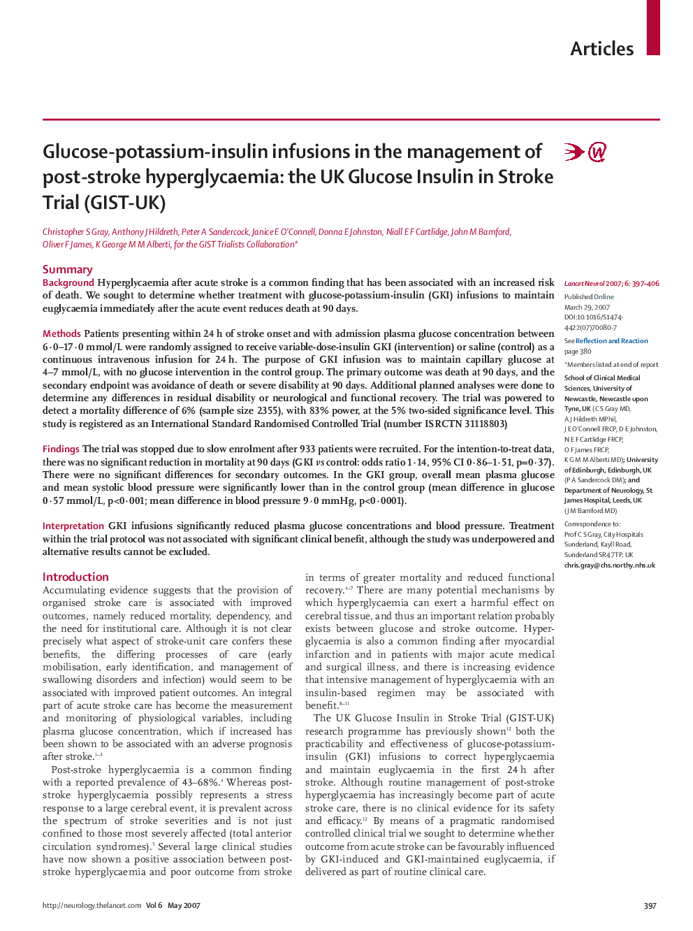 Glucose-potassium-insulin infusions in the management of post-stroke hyperglycaemia: the UK Glucose Insulin in Stroke Trial (GIST-UK)