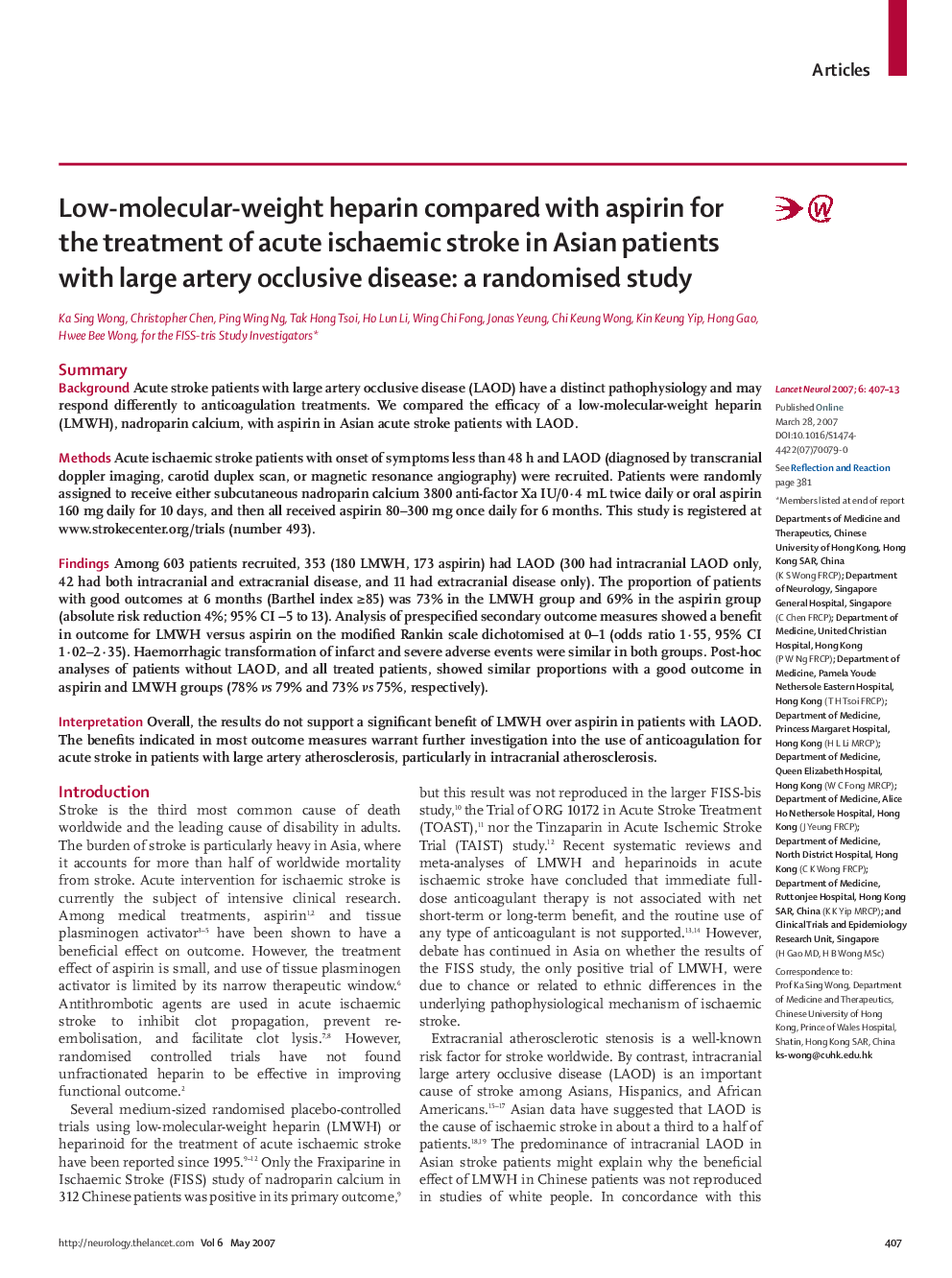 Low-molecular-weight heparin compared with aspirin for the treatment of acute ischaemic stroke in Asian patients with large artery occlusive disease: a randomised study