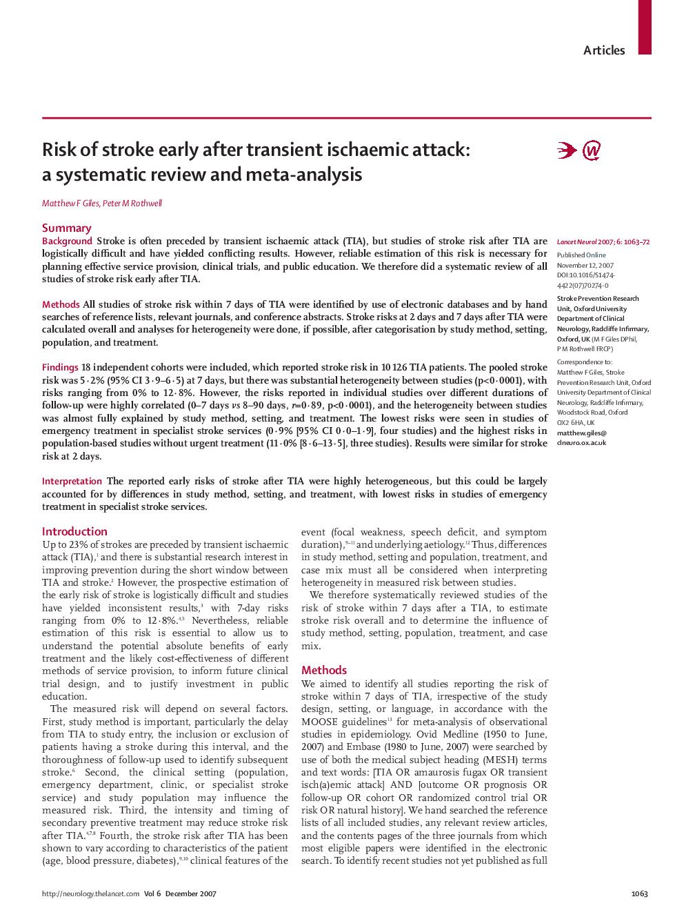 Risk of stroke early after transient ischaemic attack: a systematic review and meta-analysis