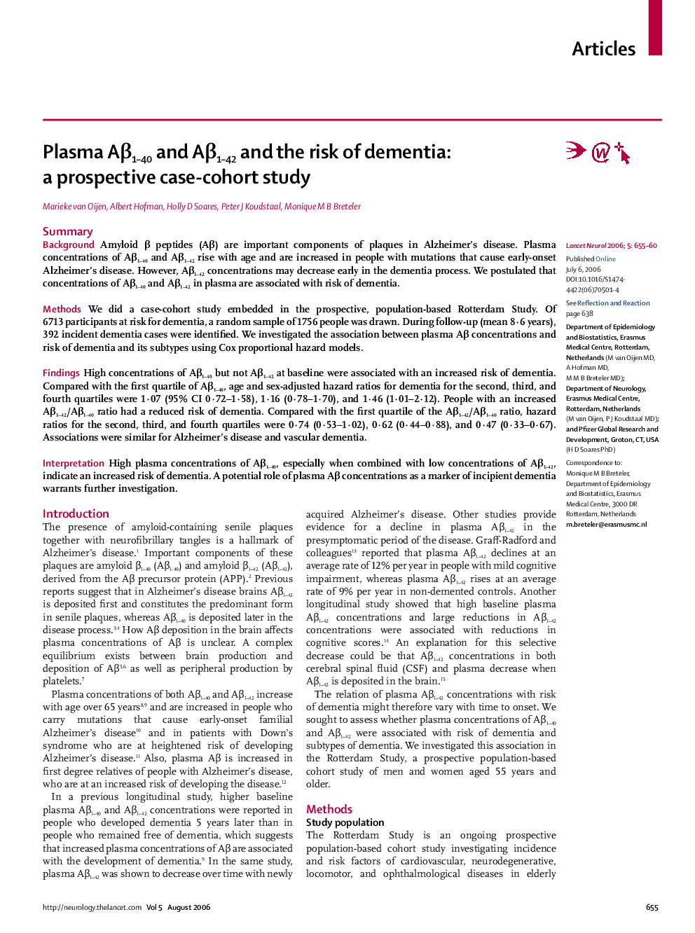 Plasma Aβ1–40 and Aβ1–42 and the risk of dementia: a prospective case-cohort study