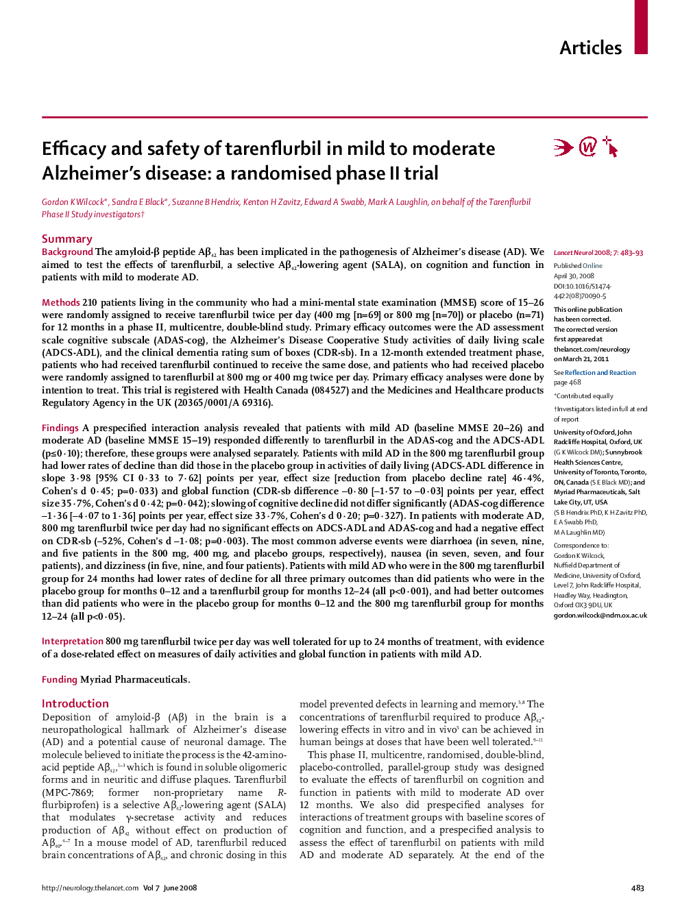 Efficacy and safety of tarenflurbil in mild to moderate Alzheimer's disease: a randomised phase II trial