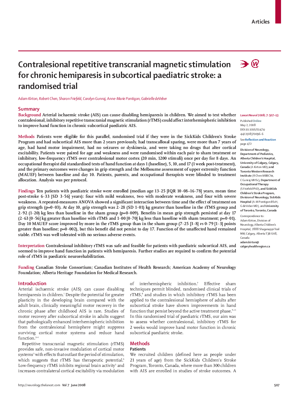 Contralesional repetitive transcranial magnetic stimulation for chronic hemiparesis in subcortical paediatric stroke: a randomised trial