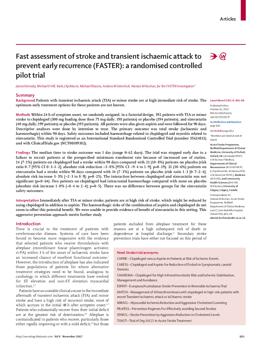 Fast assessment of stroke and transient ischaemic attack to prevent early recurrence (FASTER): a randomised controlled pilot trial