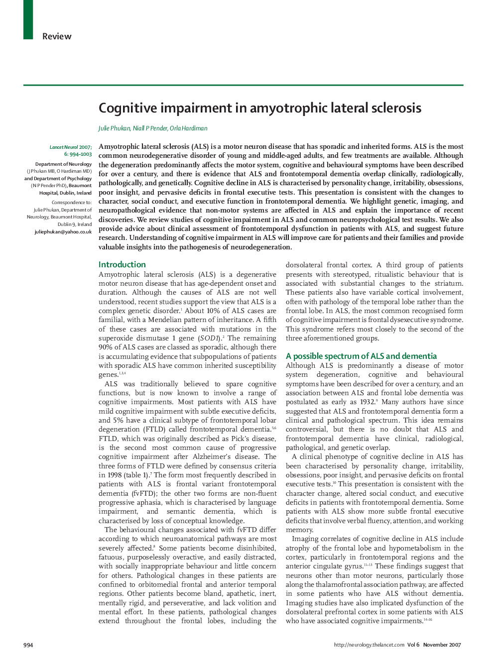 Cognitive impairment in amyotrophic lateral sclerosis