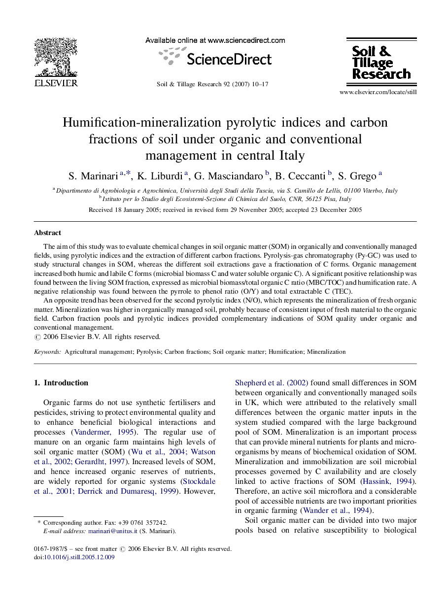 Humification-mineralization pyrolytic indices and carbon fractions of soil under organic and conventional management in central Italy