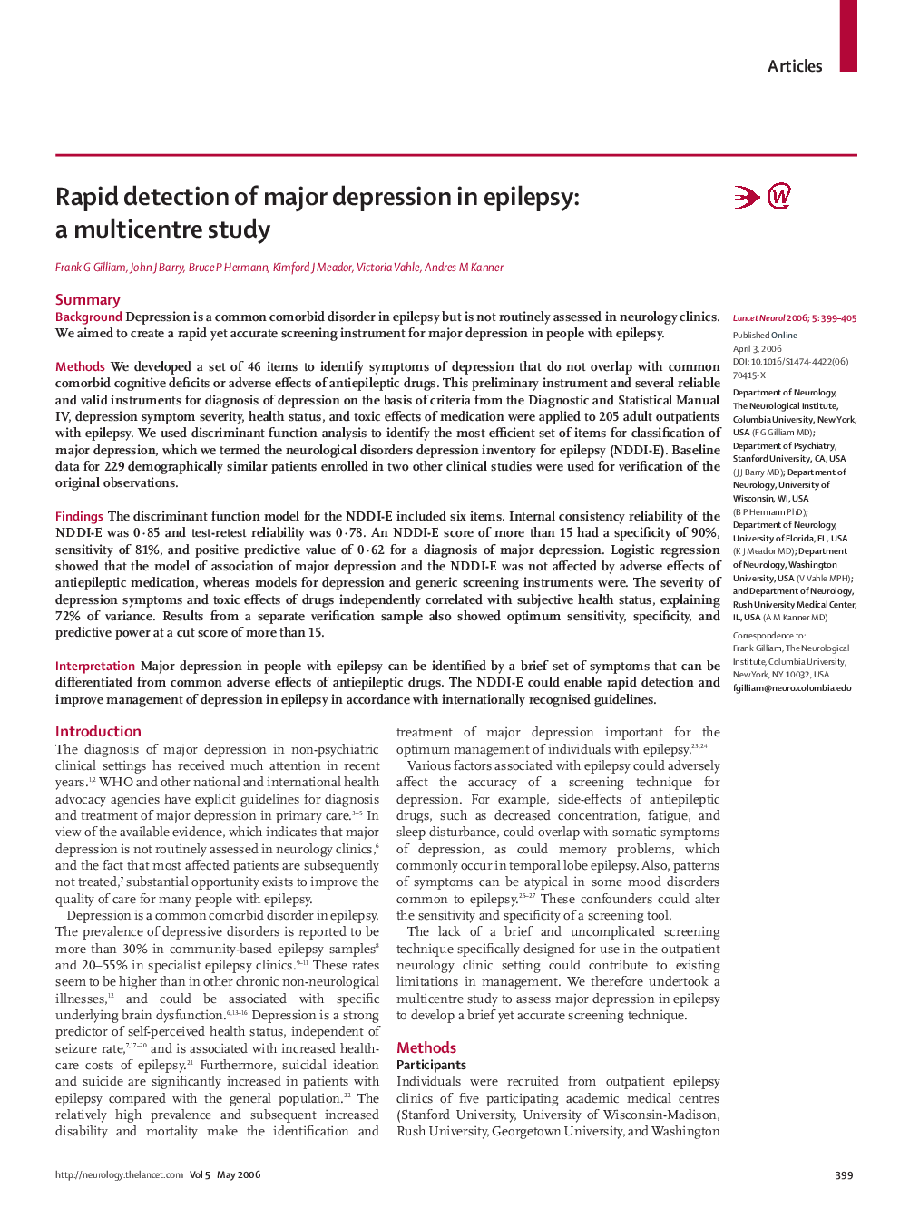 Rapid detection of major depression in epilepsy: a multicentre study