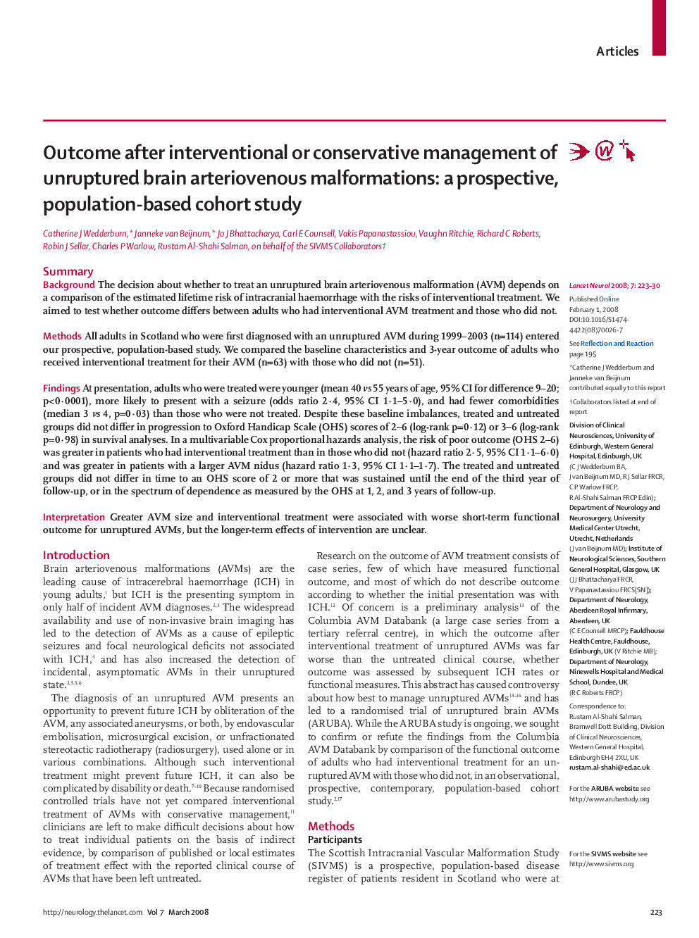 Outcome after interventional or conservative management of unruptured brain arteriovenous malformations: a prospective, population-based cohort study