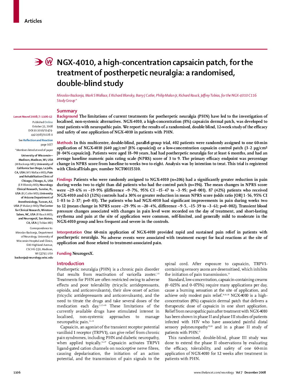 NGX-4010, a high-concentration capsaicin patch, for the treatment of postherpetic neuralgia: a randomised, double-blind study