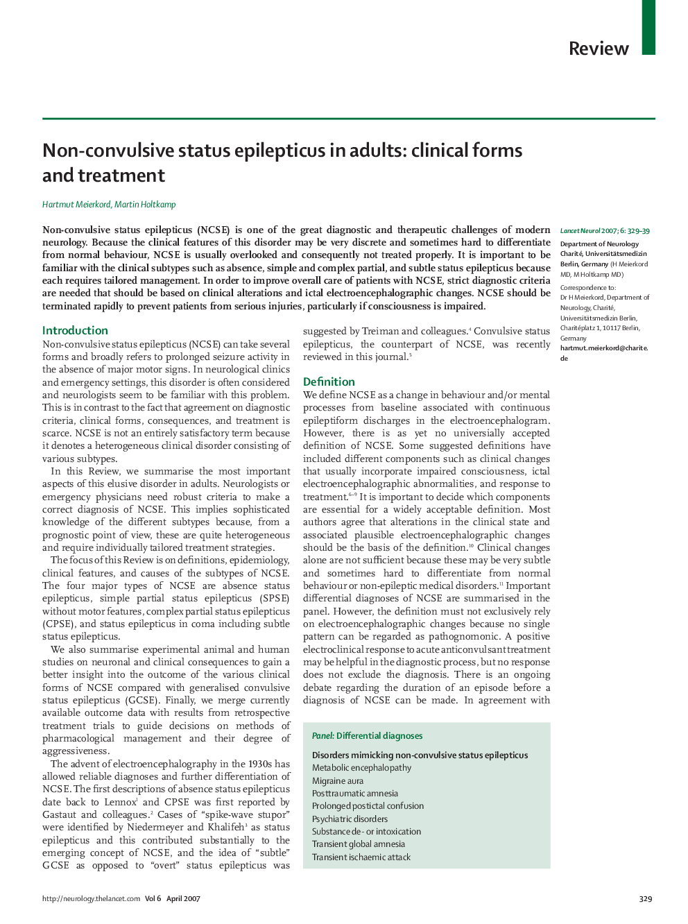 Non-convulsive status epilepticus in adults: clinical forms and treatment