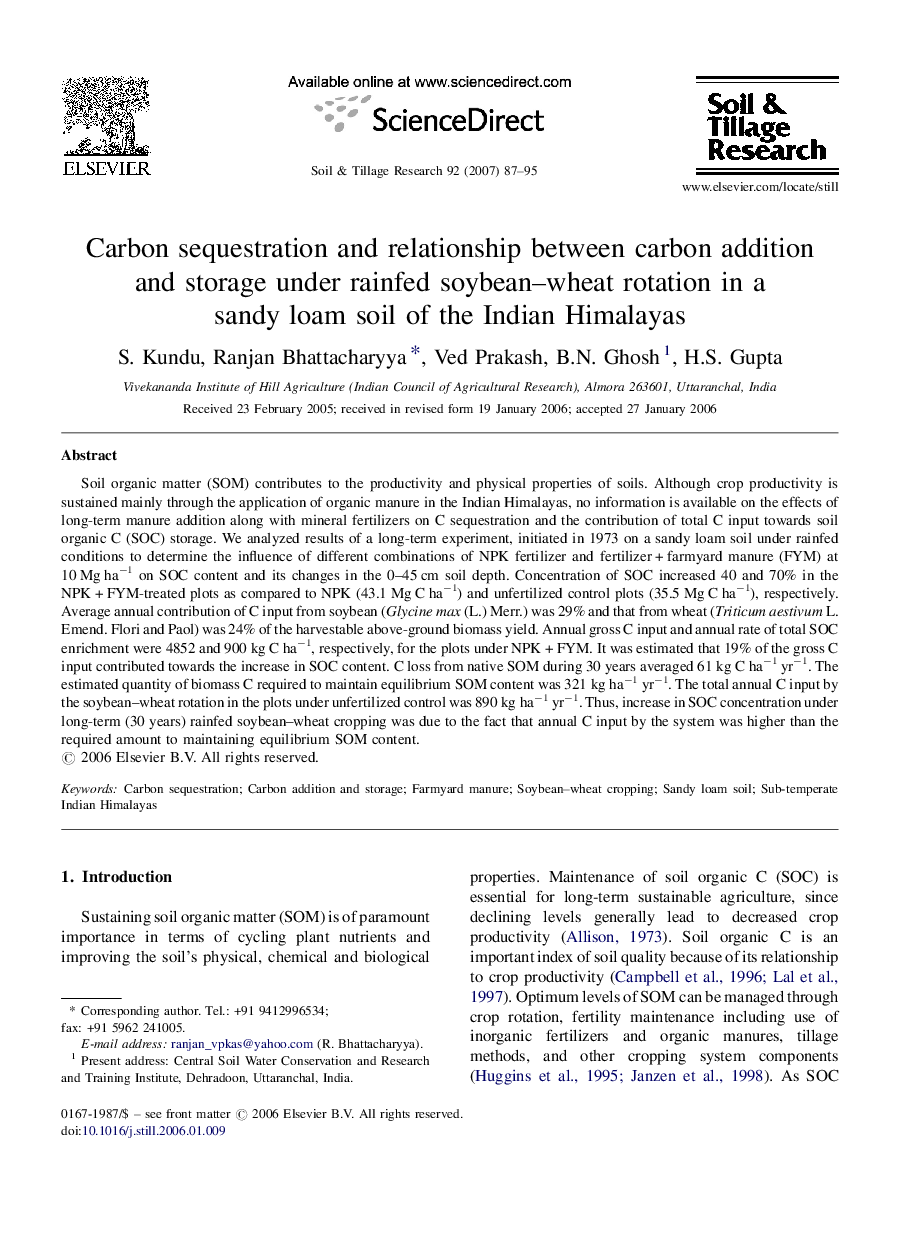 Carbon sequestration and relationship between carbon addition and storage under rainfed soybean–wheat rotation in a sandy loam soil of the Indian Himalayas