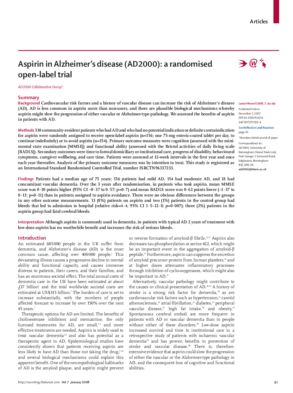 Aspirin in Alzheimer's disease (AD2000): a randomised open-label trial