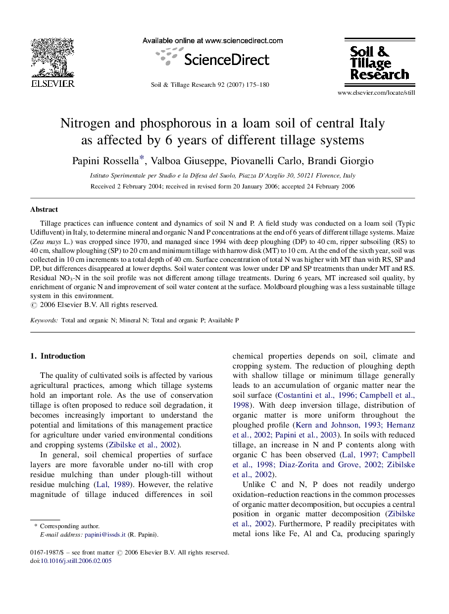 عکس صفحه اول مقاله: Nitrogen and phosphorous in a loam soil of central Italy as affected by 6 years of different tillage systems Nitrogen and phosphorous in a loam soil of central Italy as affected by 6 years of different tillage systems