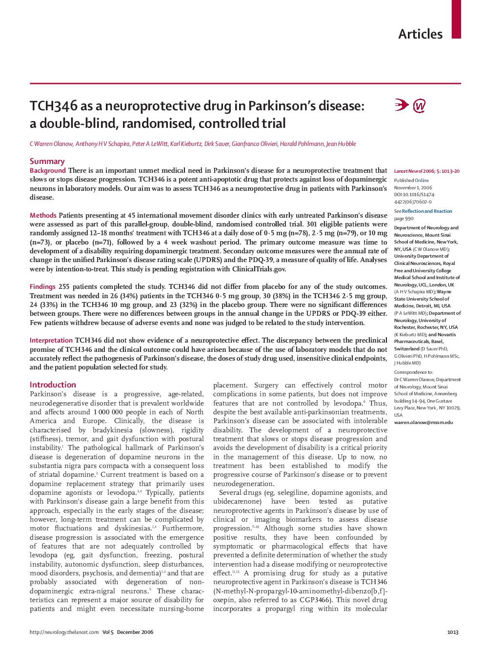 TCH346 as a neuroprotective drug in Parkinson's disease: a double-blind, randomised, controlled trial