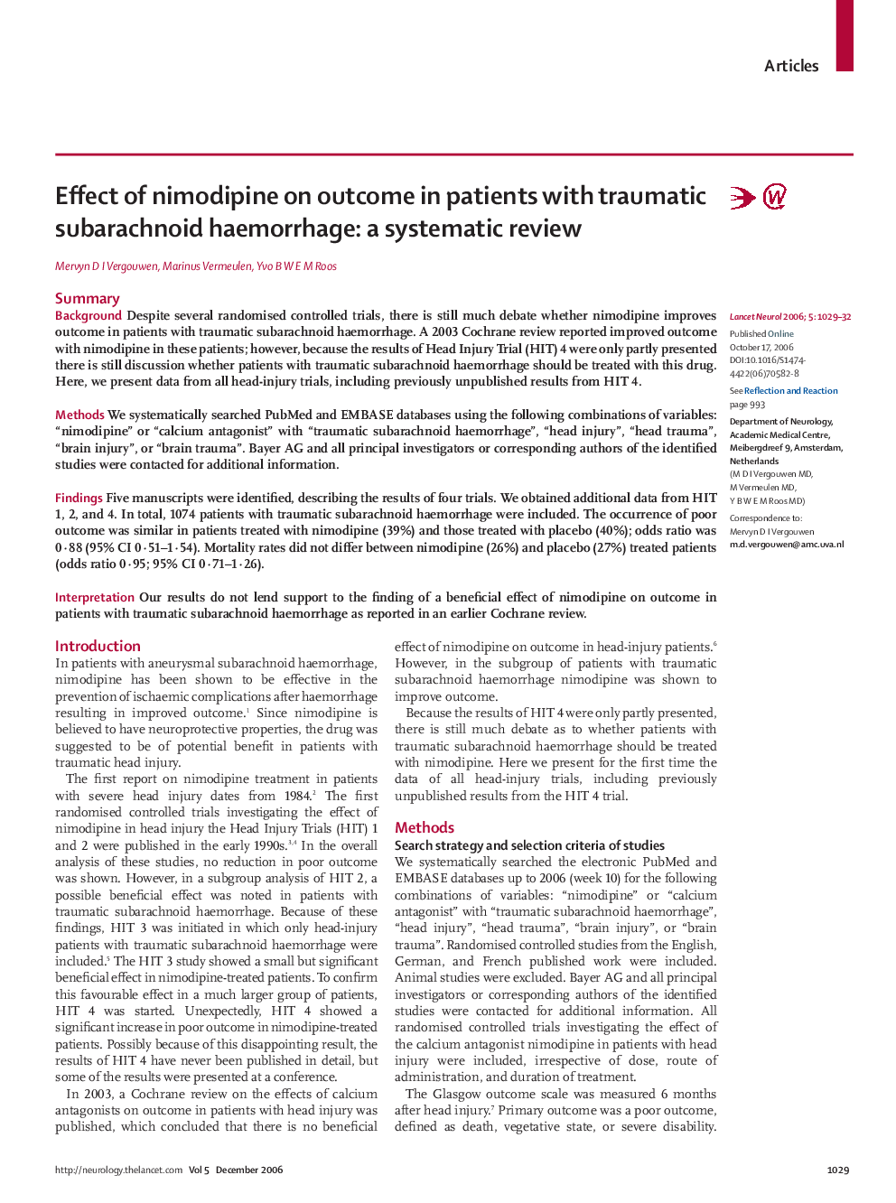 Effect of nimodipine on outcome in patients with traumatic subarachnoid haemorrhage: a systematic review