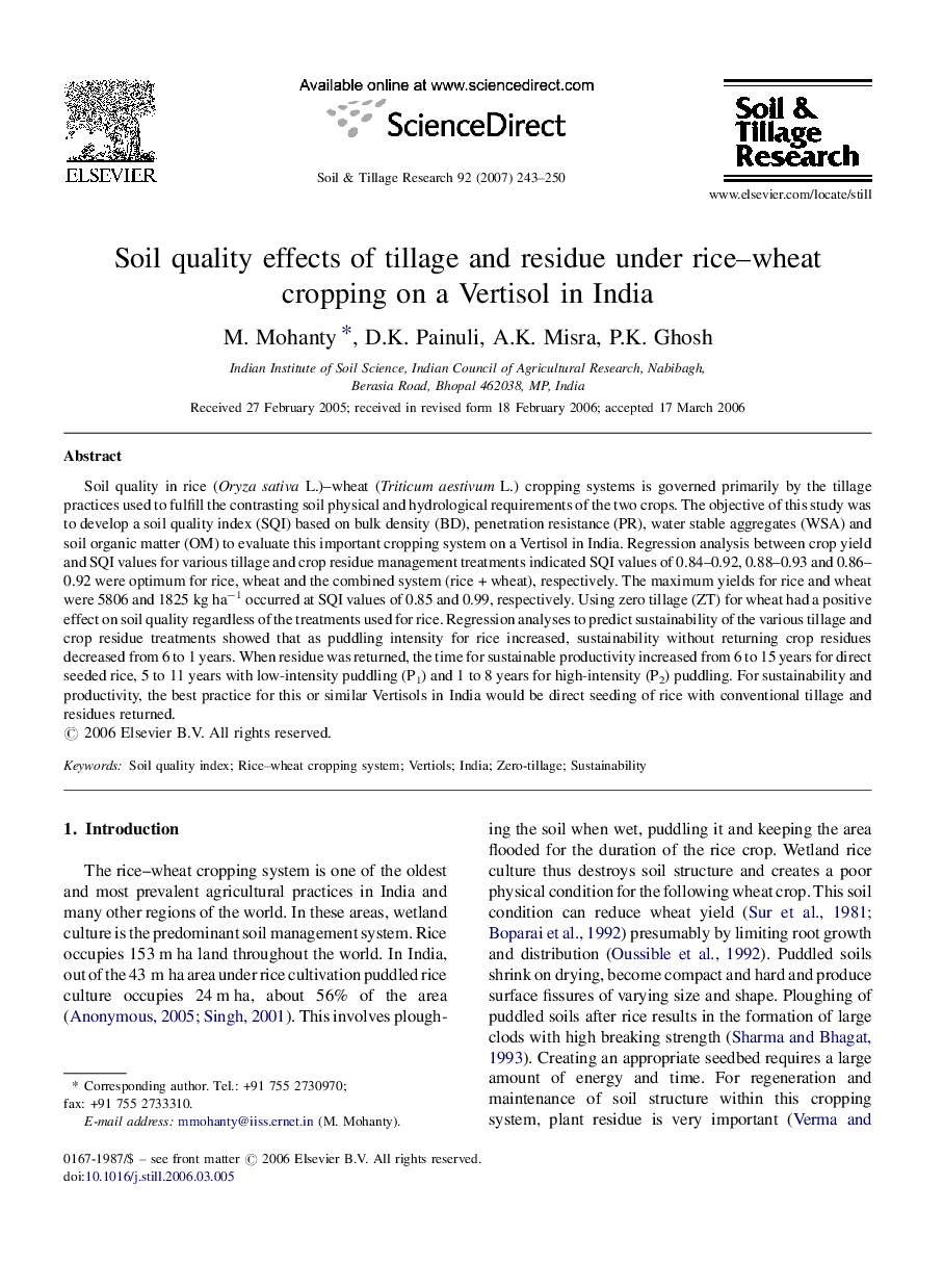 Soil quality effects of tillage and residue under rice–wheat cropping on a Vertisol in India