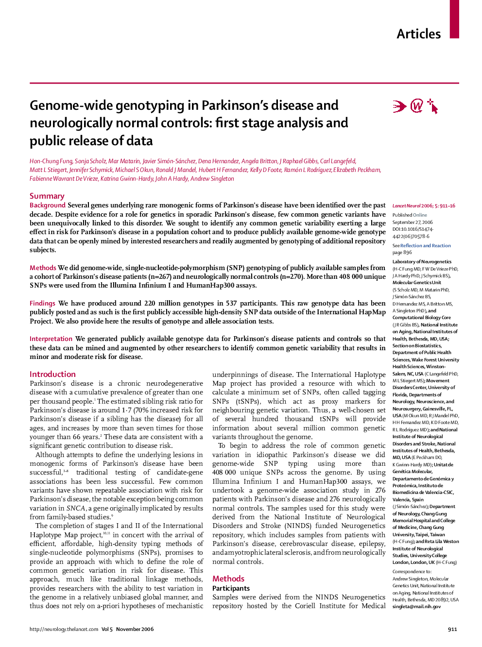 Genome-wide genotyping in Parkinson's disease and neurologically normal controls: first stage analysis and public release of data
