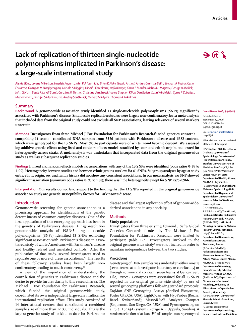 Lack of replication of thirteen single-nucleotide polymorphisms implicated in Parkinson's disease: a large-scale international study