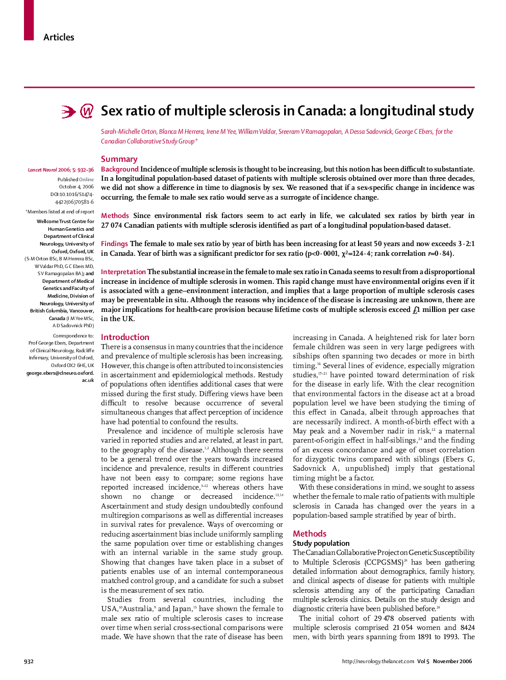 Sex ratio of multiple sclerosis in Canada: a longitudinal study