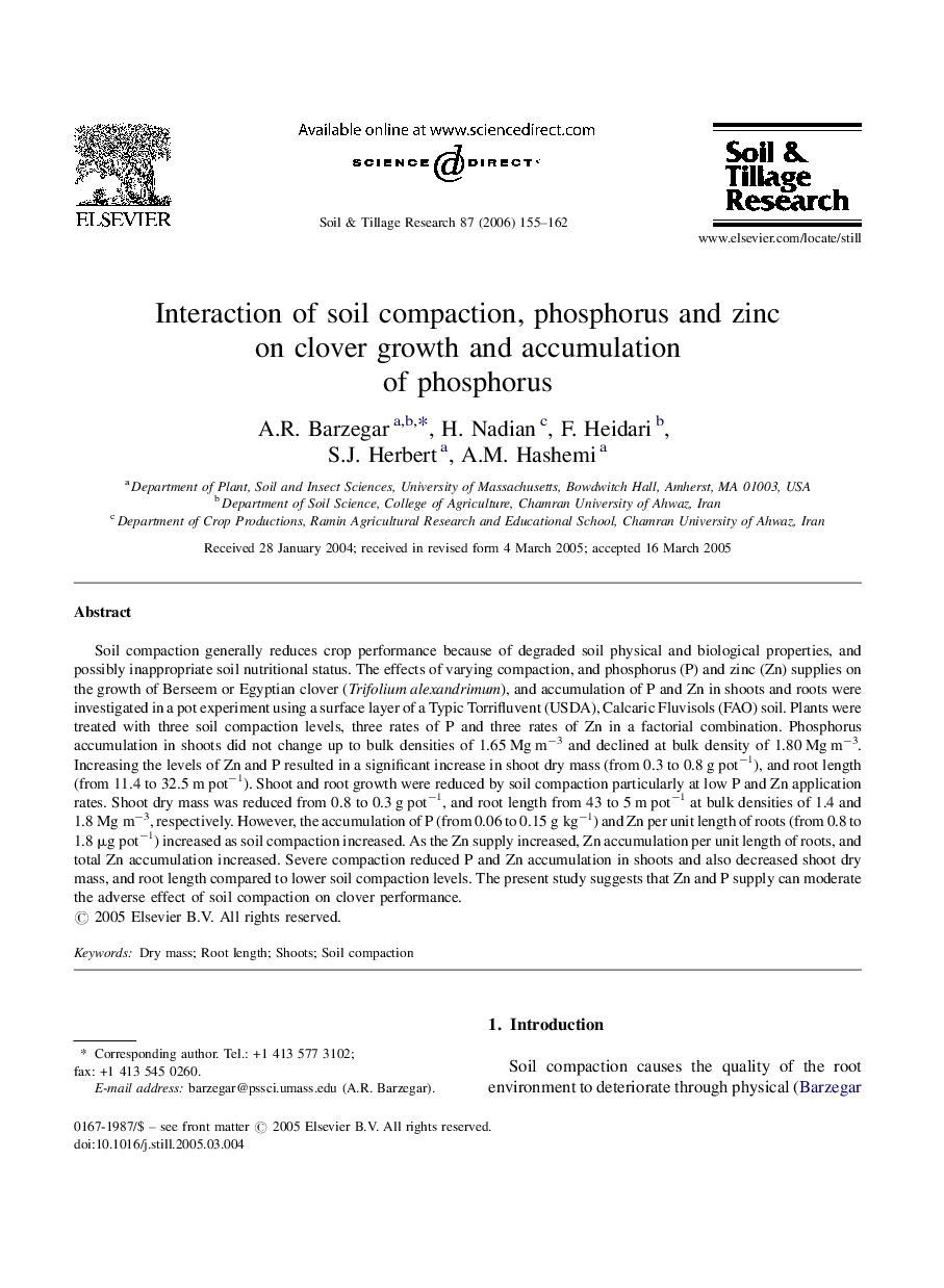 Interaction of soil compaction, phosphorus and zinc on clover growth and accumulation of phosphorus