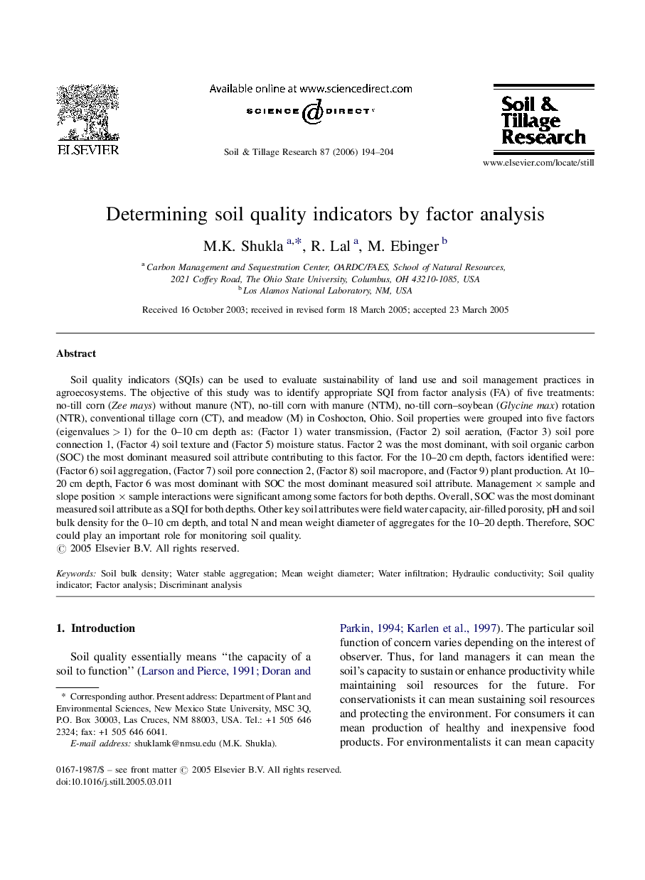 Determining soil quality indicators by factor analysis
