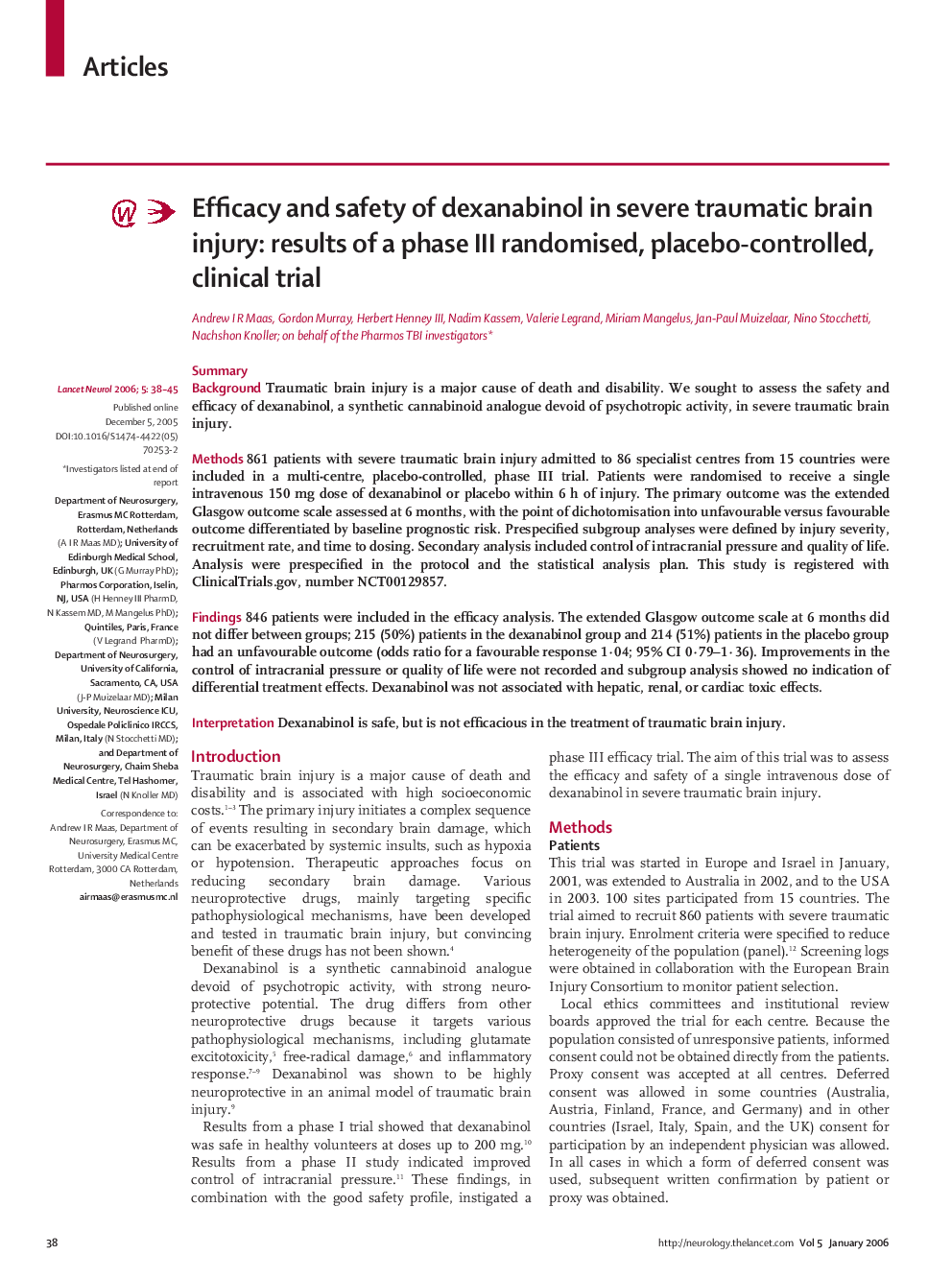 Efficacy and safety of dexanabinol in severe traumatic brain injury: results of a phase III randomised, placebo-controlled, clinical trial