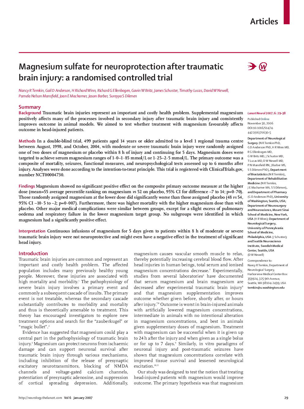 Magnesium sulfate for neuroprotection after traumatic brain injury: a randomised controlled trial