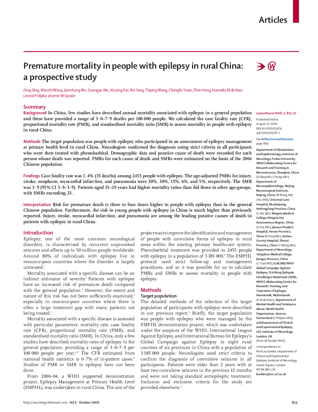 Premature mortality in people with epilepsy in rural China: a prospective study