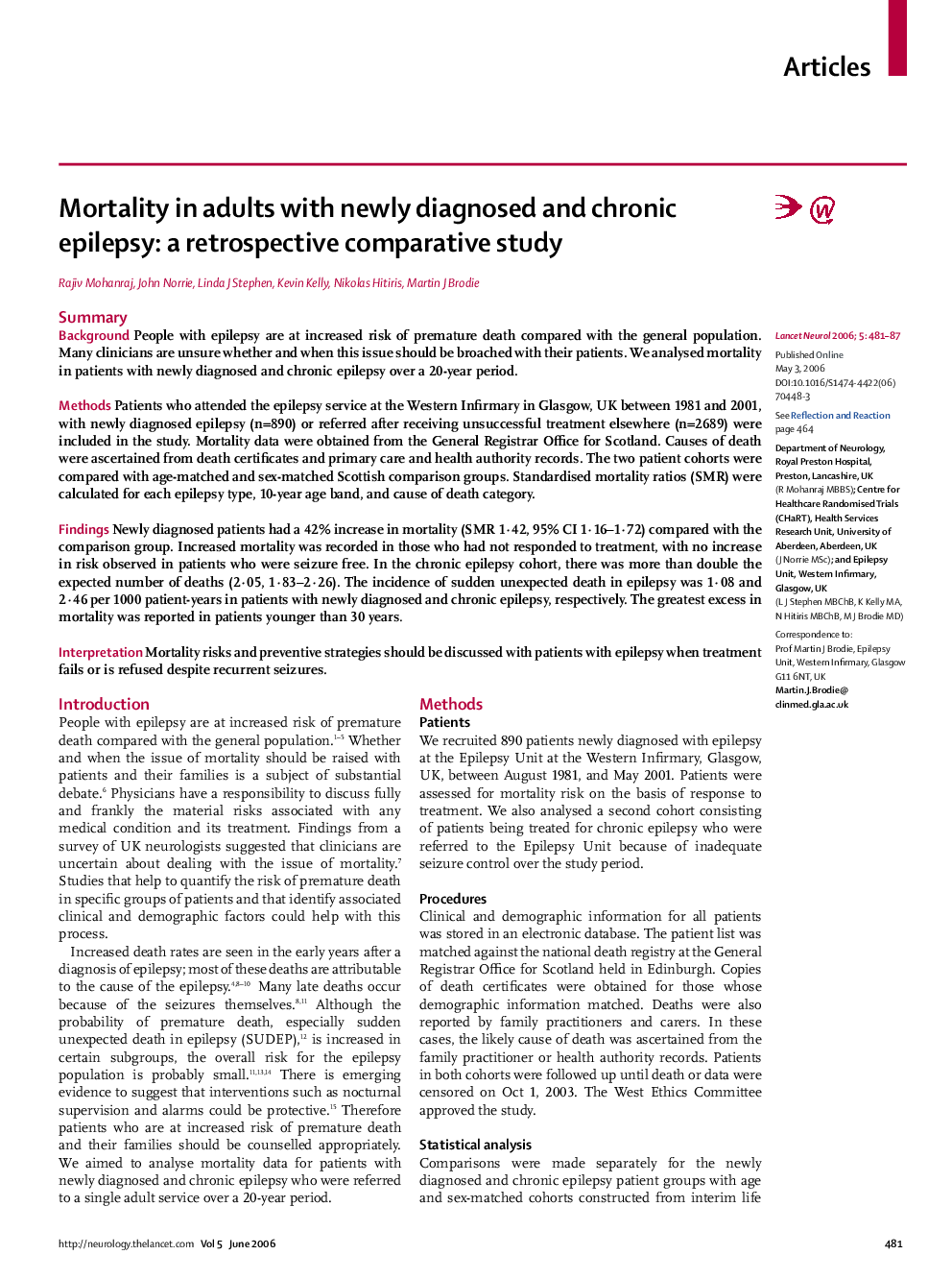 Mortality in adults with newly diagnosed and chronic epilepsy: a retrospective comparative study