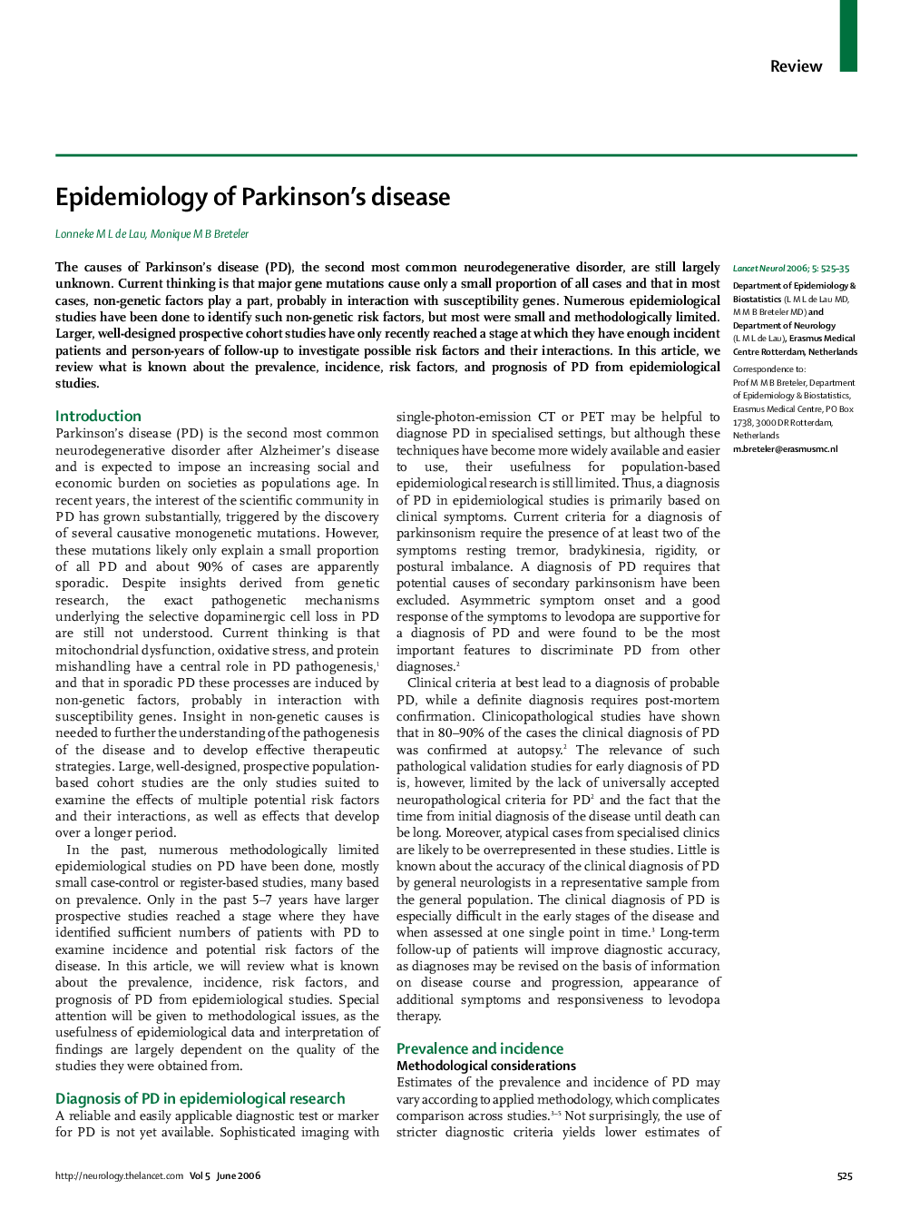 Epidemiology of Parkinson's disease