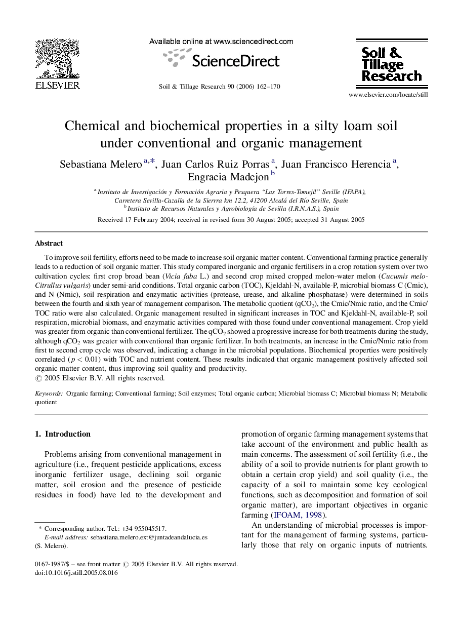 Chemical and biochemical properties in a silty loam soil under conventional and organic management