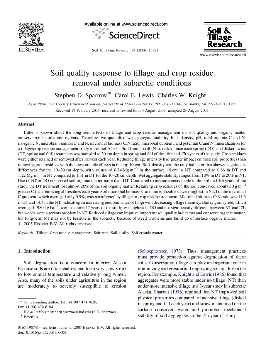 Soil quality response to tillage and crop residue removal under subarctic conditions