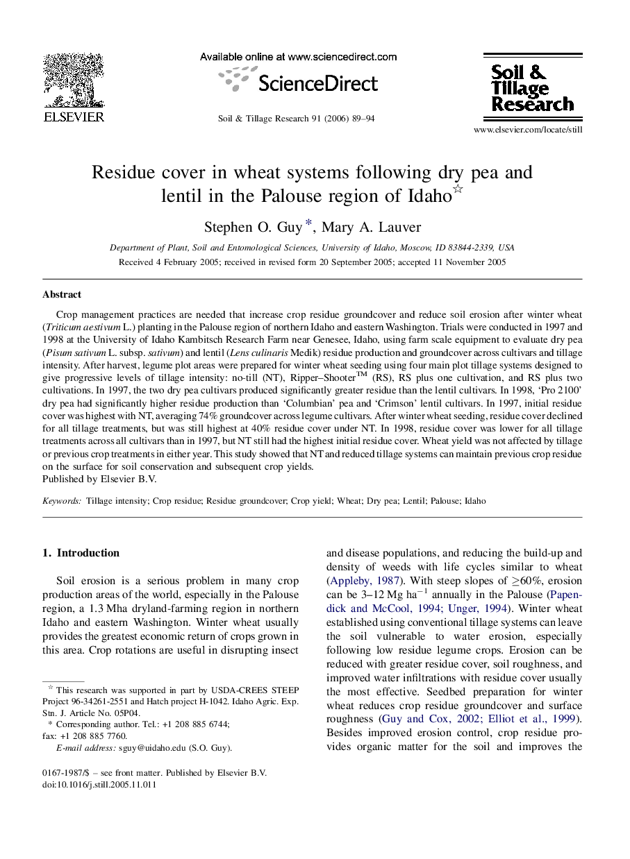 Residue cover in wheat systems following dry pea and lentil in the Palouse region of Idaho 