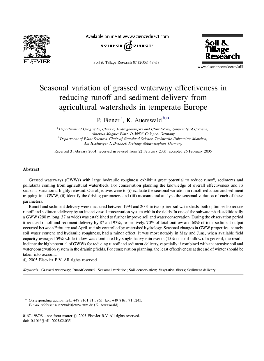 Seasonal variation of grassed waterway effectiveness in reducing runoff and sediment delivery from agricultural watersheds in temperate Europe