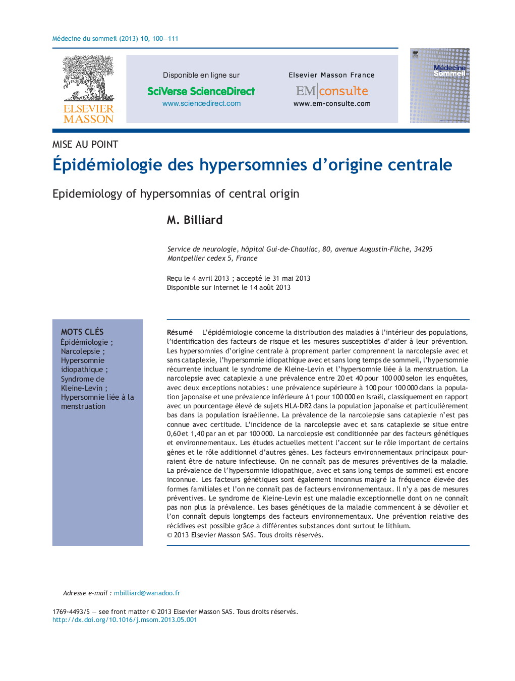 Ãpidémiologie des hypersomnies d'origine centrale