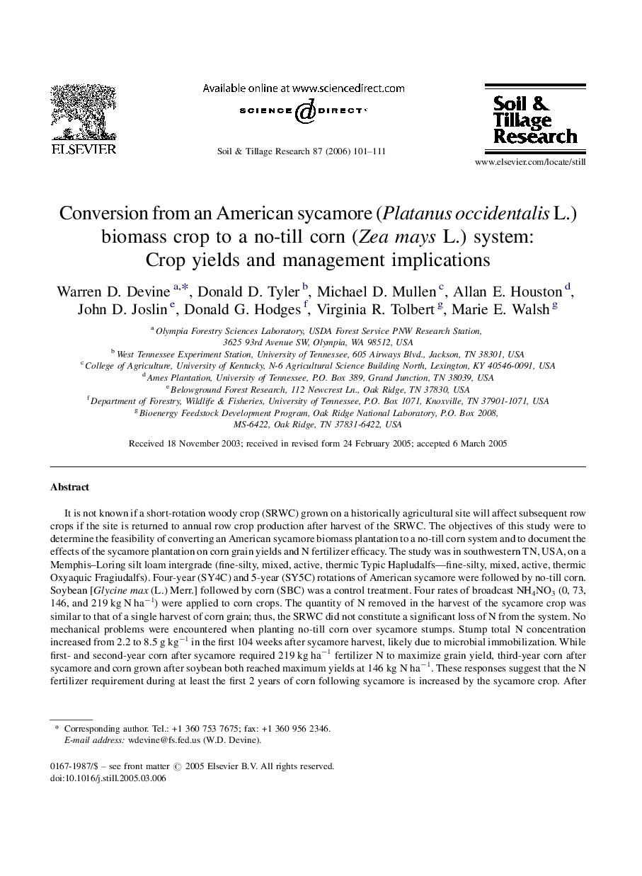 Conversion from an American sycamore (Platanus occidentalis L.) biomass crop to a no-till corn (Zea mays L.) system: Crop yields and management implications