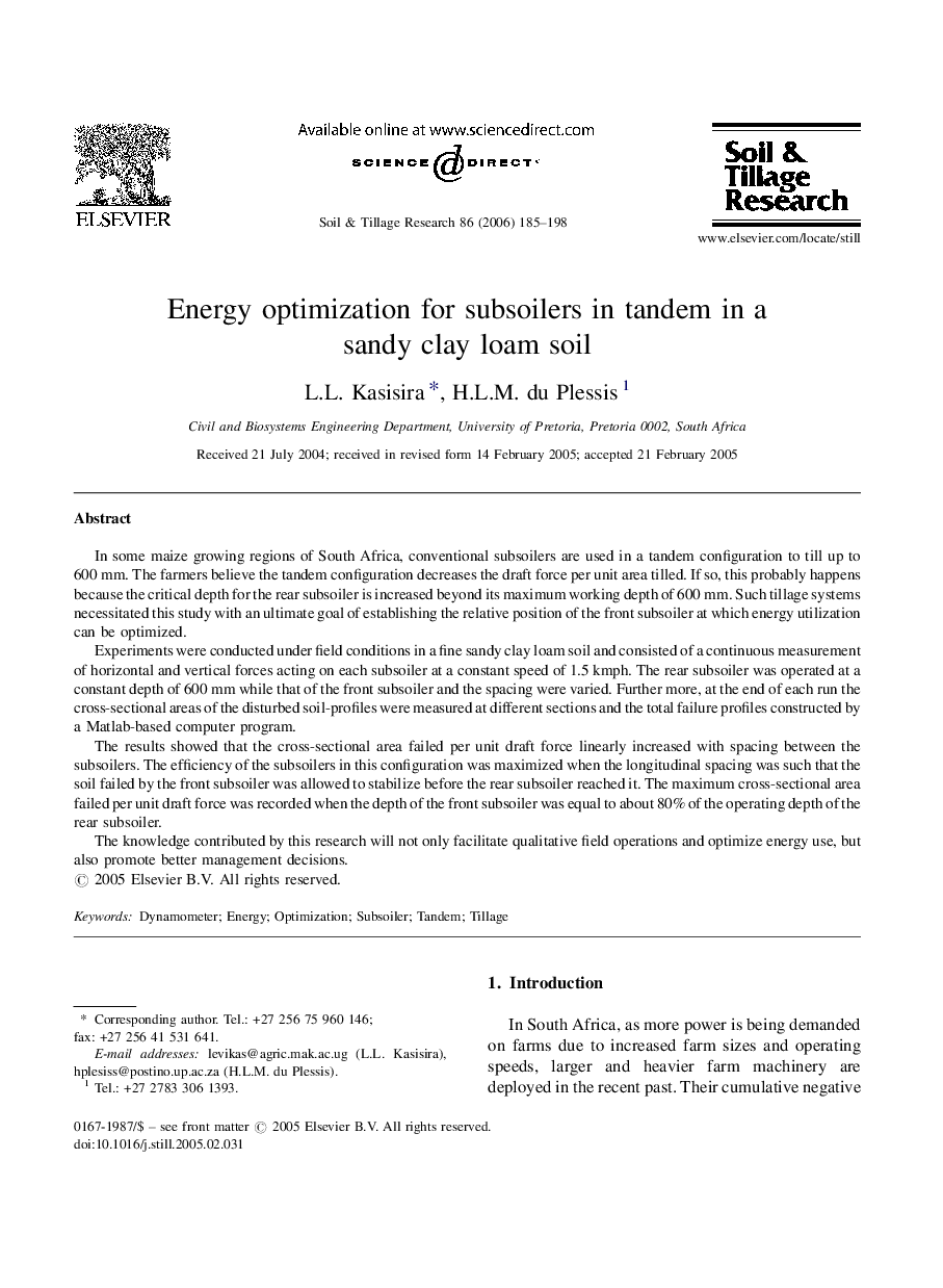 Energy optimization for subsoilers in tandem in a sandy clay loam soil