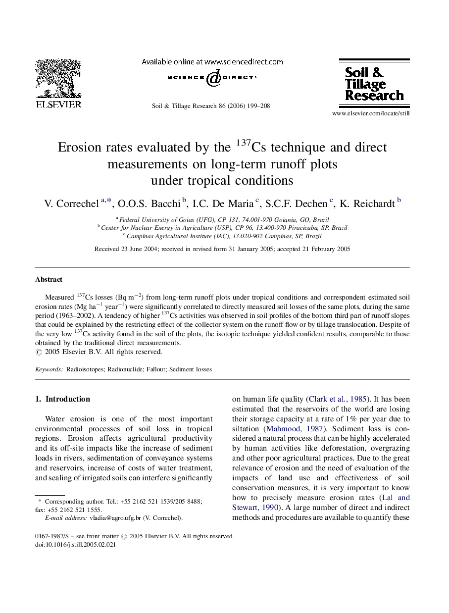 Erosion rates evaluated by the 137Cs technique and direct measurements on long-term runoff plots under tropical conditions