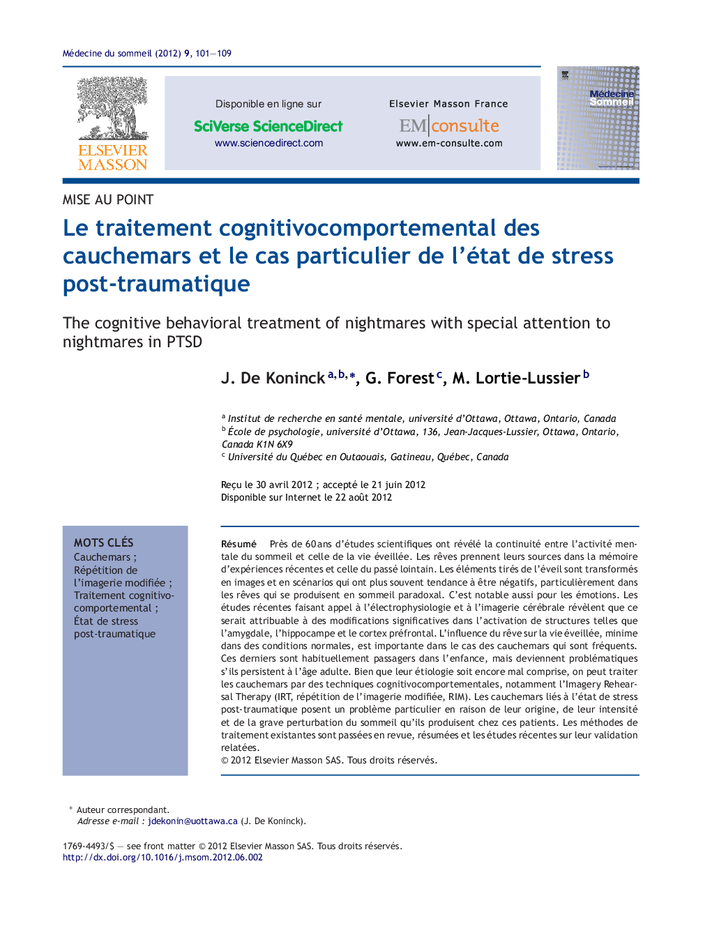 Le traitement cognitivocomportemental des cauchemars et le cas particulier de l'état de stress post-traumatique