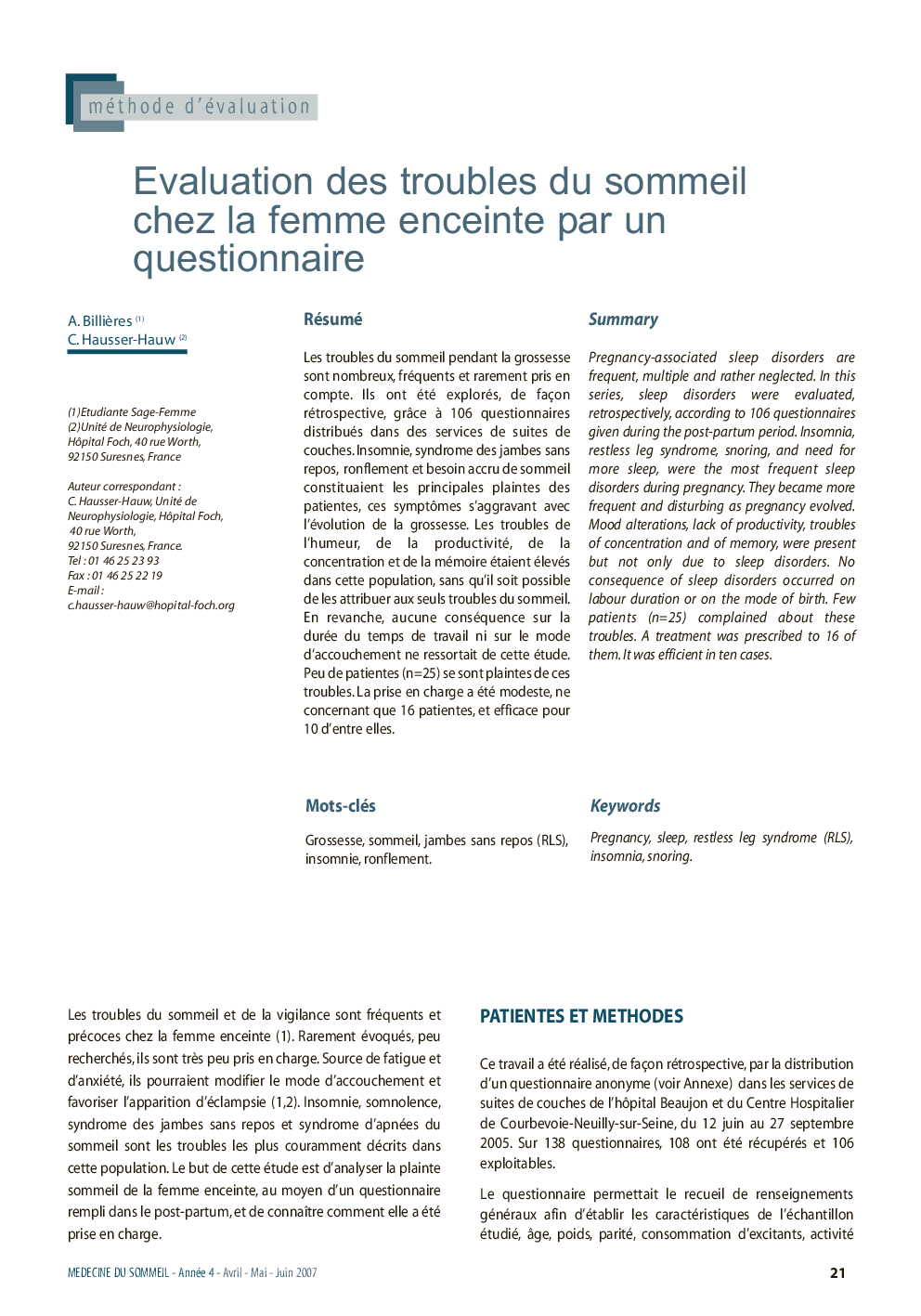 Evaluation des troubles du sommeil chez la femme enceinte par un questionnaire