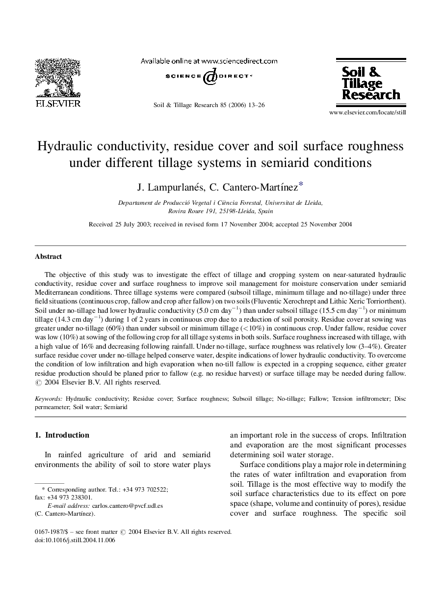 Hydraulic conductivity, residue cover and soil surface roughness under different tillage systems in semiarid conditions