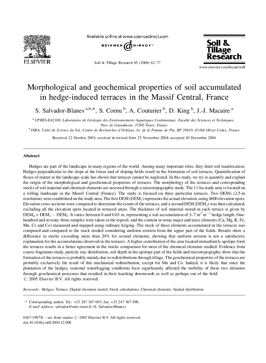 Morphological and geochemical properties of soil accumulated in hedge-induced terraces in the Massif Central, France